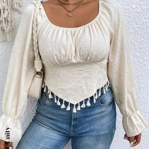 SHEIN Unity Plus Fringe Trim Ruched Bust Flounce Sleeve Jacquard Blouse 2XL (16)